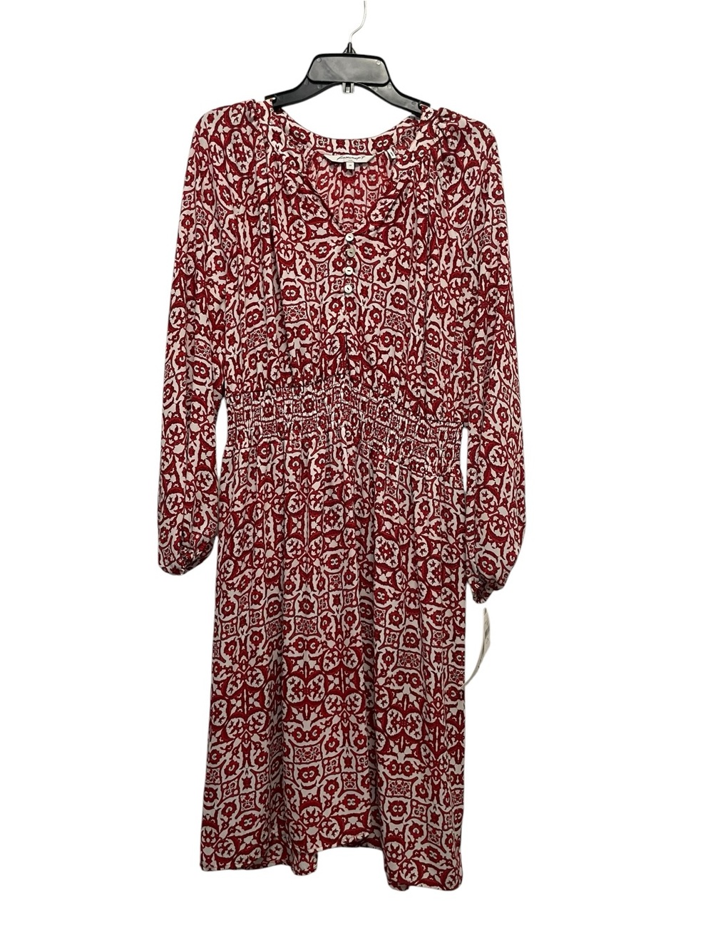 Foxcroft Floral Geometric Red & White Long Sleeve Elastic Waist Dress Sz 14 NEW